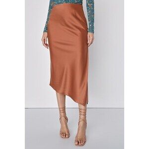 Lulus Contemporary Cutie Brown Satin High-rise Asymmetrical Midi Skirt - Size XL